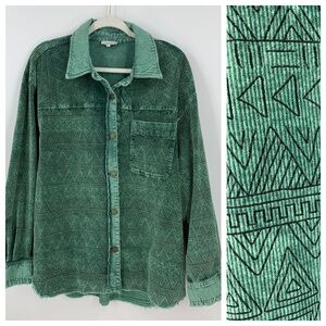 La Miel Vintage Washed Geometric Print Corduroy Raw Edge Shacket Sz L